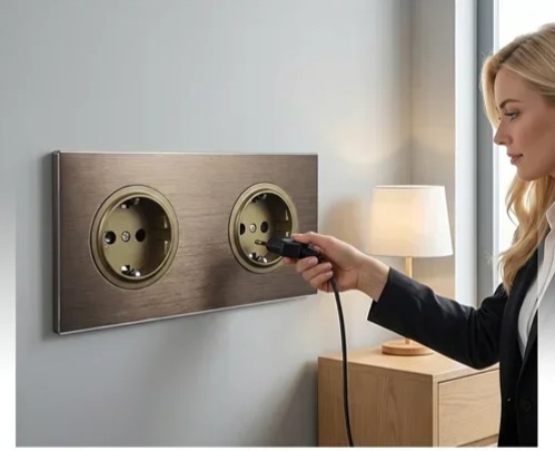 Brushed Aluminum Flush-Mount Schuko Wall Outlet (USB & CAT6)