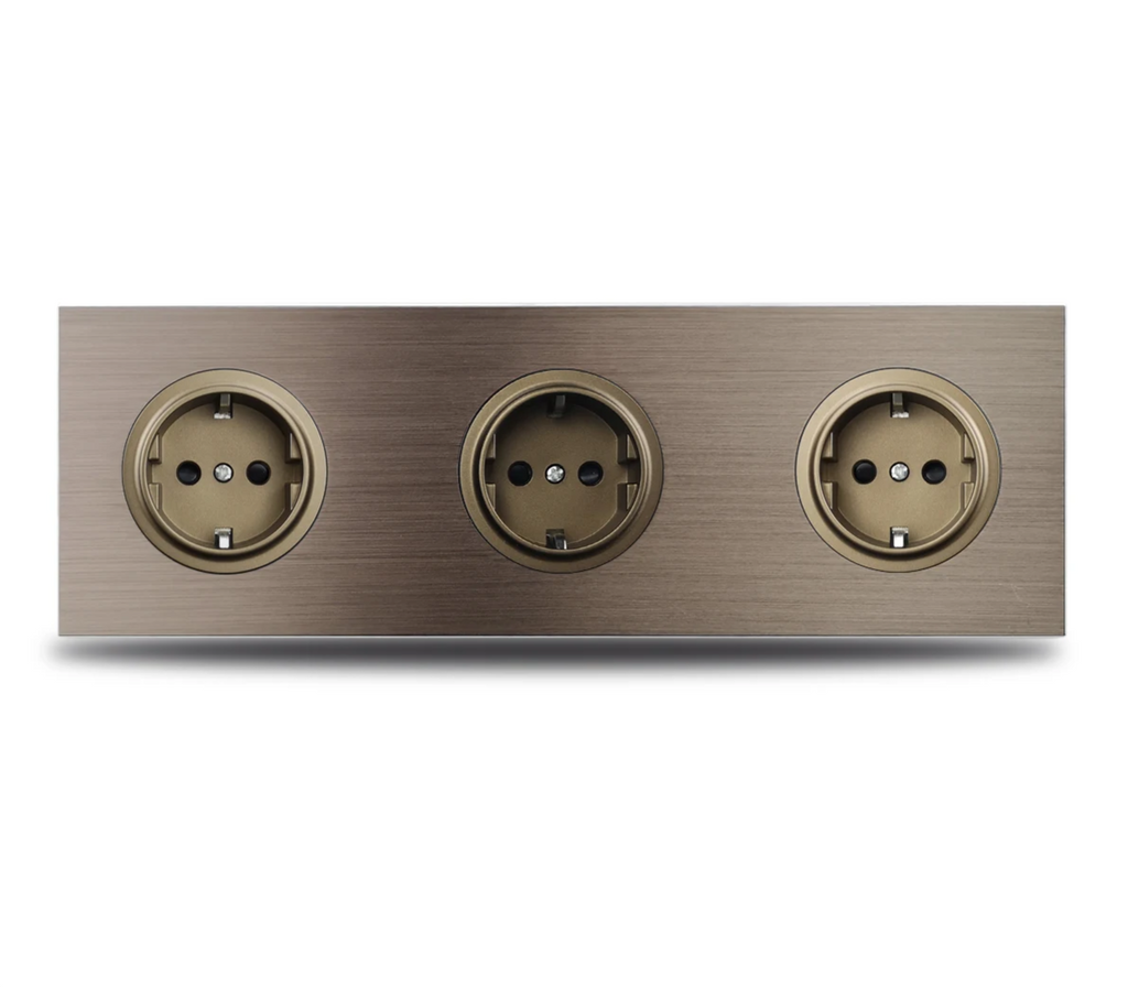 Brushed Aluminum Flush-Mount Schuko Wall Outlet (USB & CAT6)