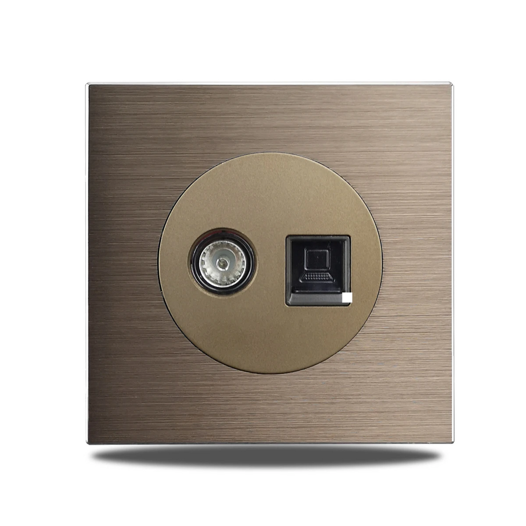 Brushed Aluminum Flush-Mount Schuko Wall Outlet (USB & CAT6)