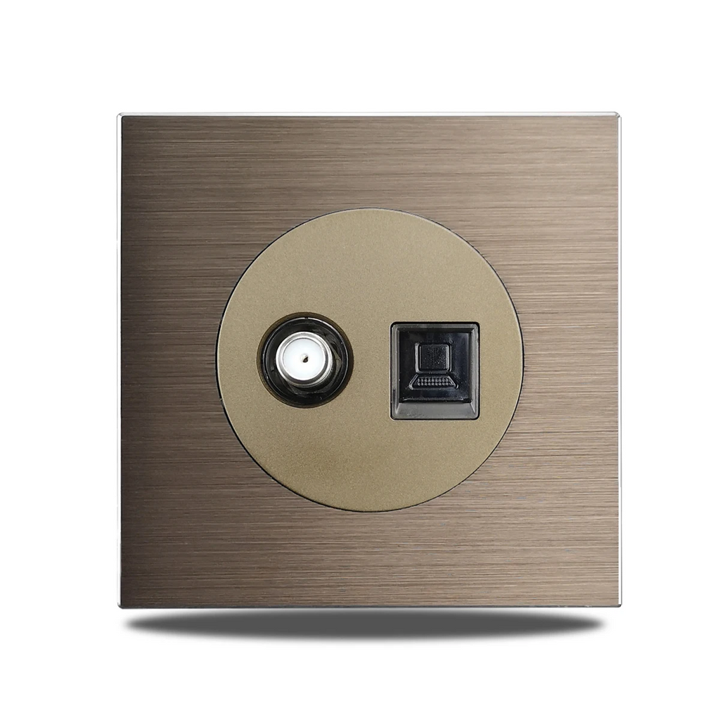 Brushed Aluminum Flush-Mount Schuko Wall Outlet (USB & CAT6)