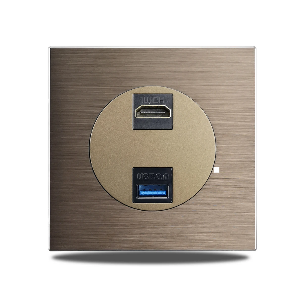 Brushed Aluminum Flush-Mount Schuko Wall Outlet (USB & CAT6)