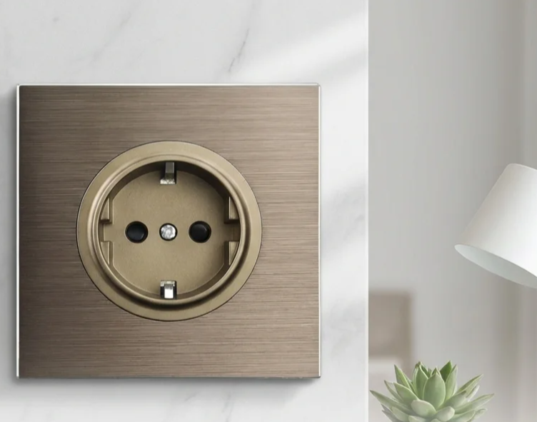 Brushed Aluminum Flush-Mount Schuko Wall Outlet (USB & CAT6)