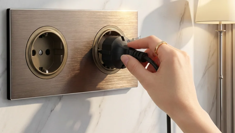 Brushed Aluminum Flush-Mount Schuko Wall Outlet (USB & CAT6)