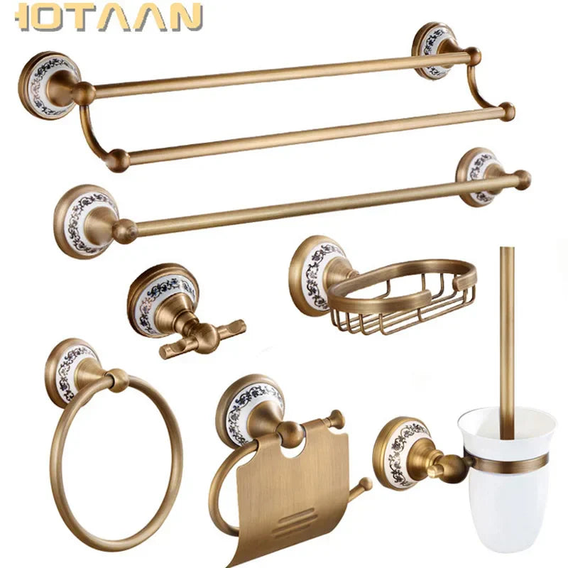 Brushed Antique Brass & Ceramic Bathroom Accessory Set (Set of 5)
