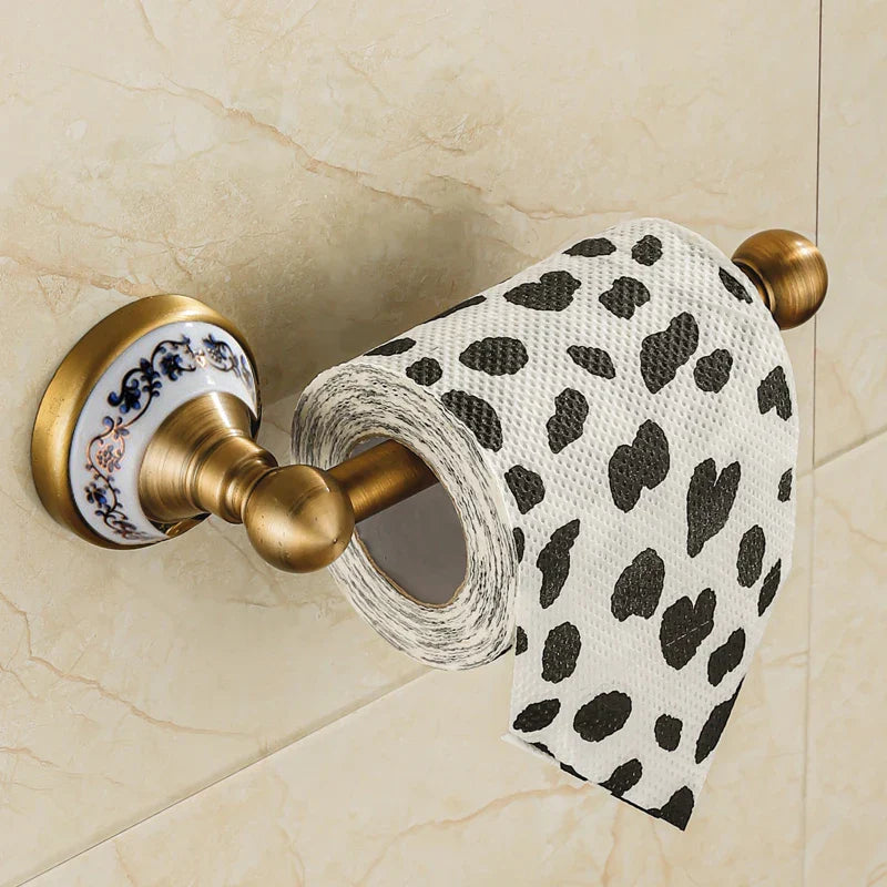 Brushed Antique Brass & Ceramic Bathroom Accessory Set (Set of 5)