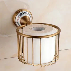 Brushed Antique Brass & Ceramic Bathroom Accessory Set (Set of 5)