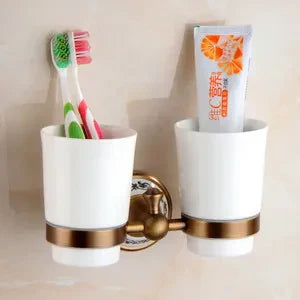 Brushed Antique Brass & Ceramic Bathroom Accessory Set (Set of 5)