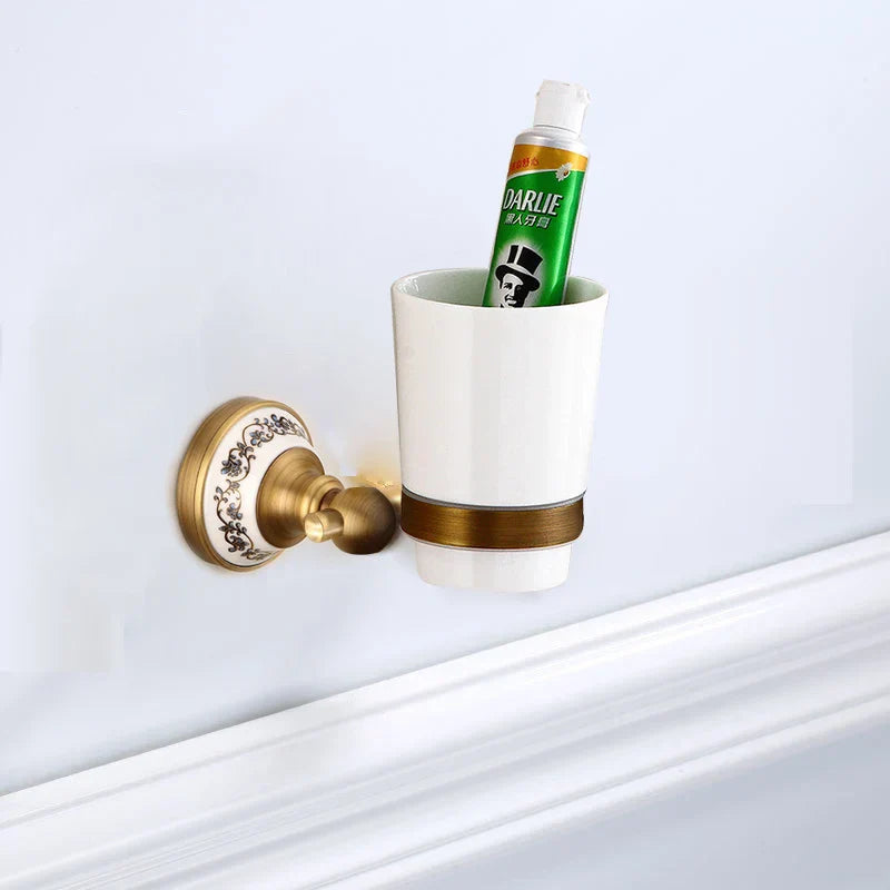 Brushed Antique Brass & Ceramic Bathroom Accessory Set (Set of 5)