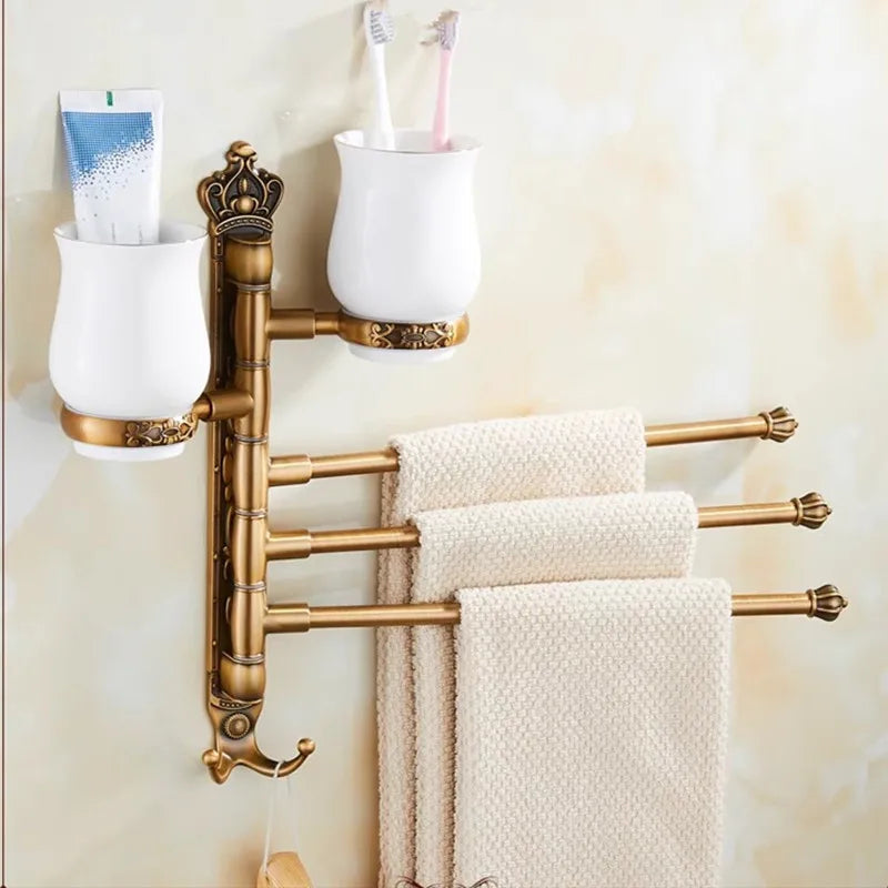 Brushed Gold Antique-Engraved Foldable Towel Bar (20 in)