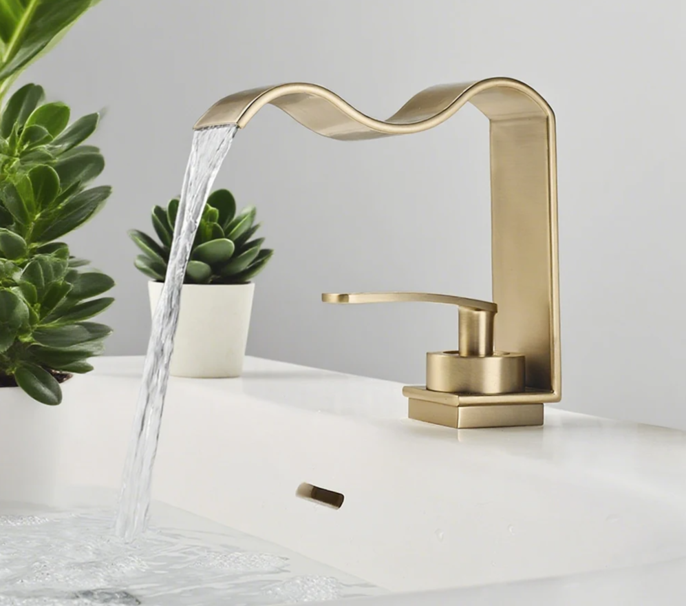 Brushed Gold Solid Brass Waterfall Bathroom Faucet