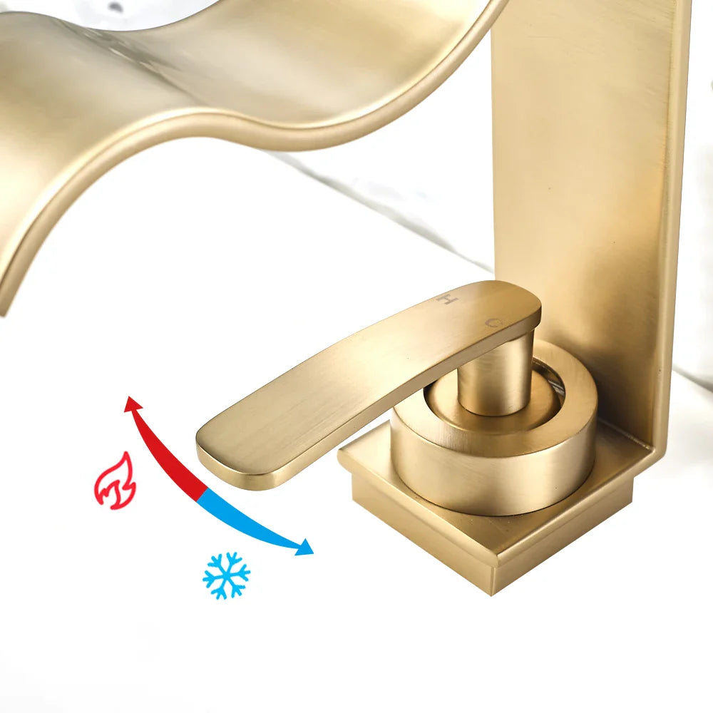 Brushed Gold Solid Brass Waterfall Bathroom Faucet