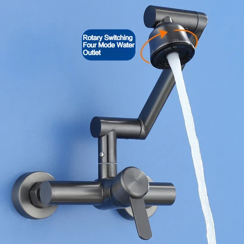 Brushed Stainless Steel 360° Swivel Wall-Mount Faucet (Single-Lever, 4 Spray Modes)