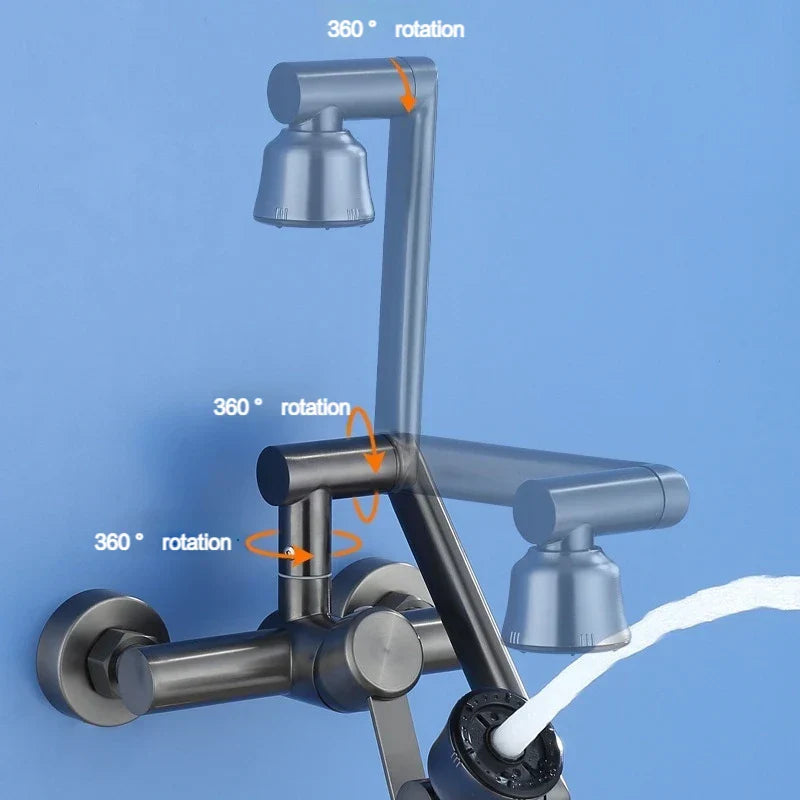 Brushed Stainless Steel 360° Swivel Wall-Mount Faucet (Single-Lever, 4 Spray Modes)