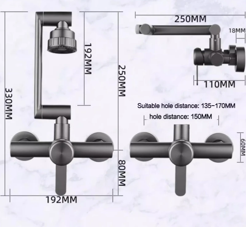 Brushed Stainless Steel 360° Swivel Wall-Mount Faucet (Single-Lever, 4 Spray Modes)