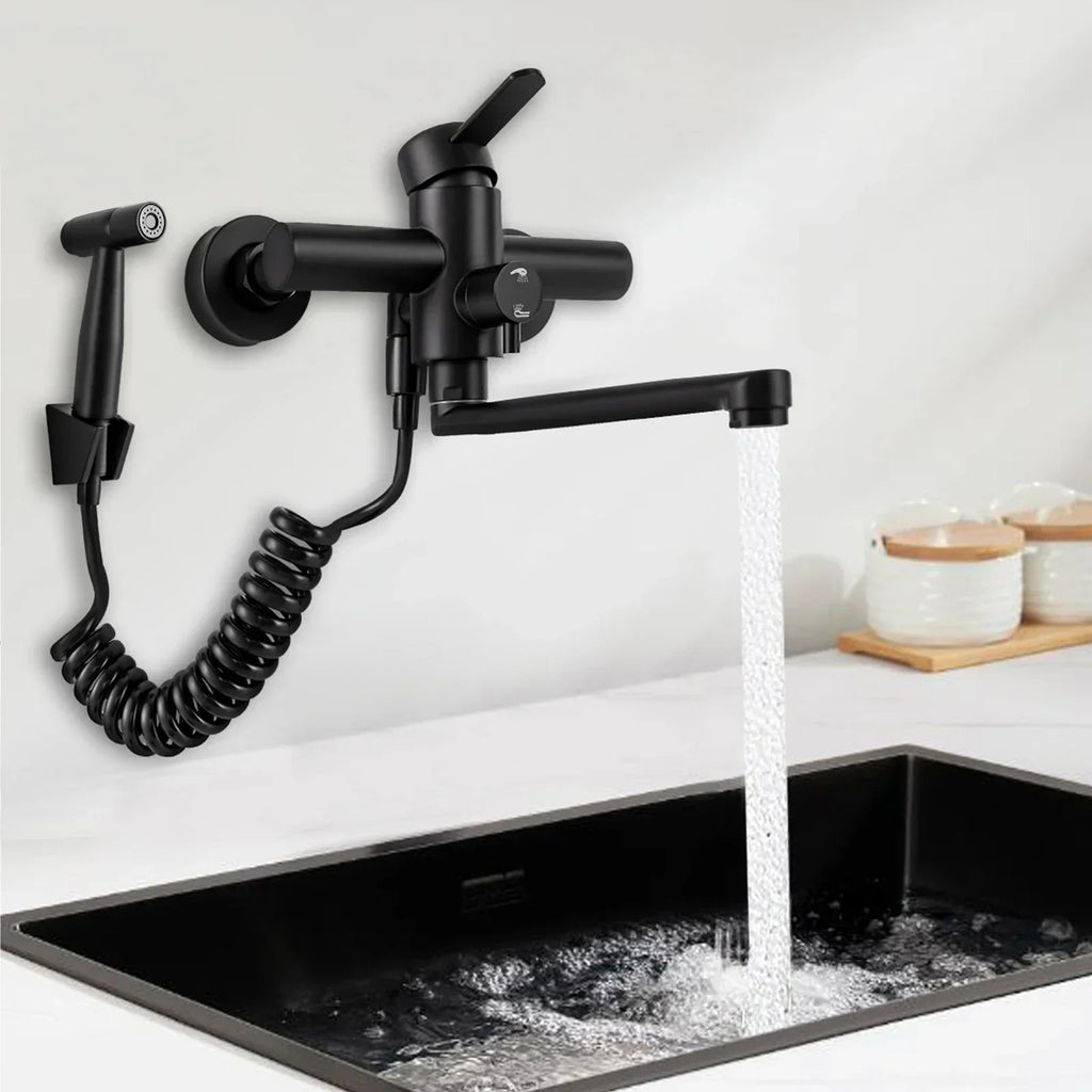 Brushed Stainless Steel 360° Swivel Wall-Mount Kitchen Faucet (Extendable Sprayer)