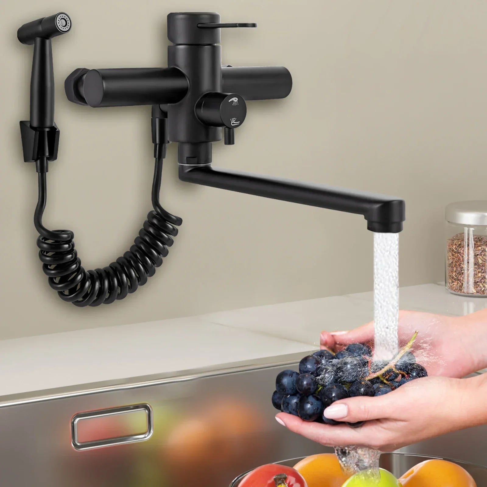 Brushed Stainless Steel 360° Swivel Wall-Mount Kitchen Faucet (Extendable Sprayer)