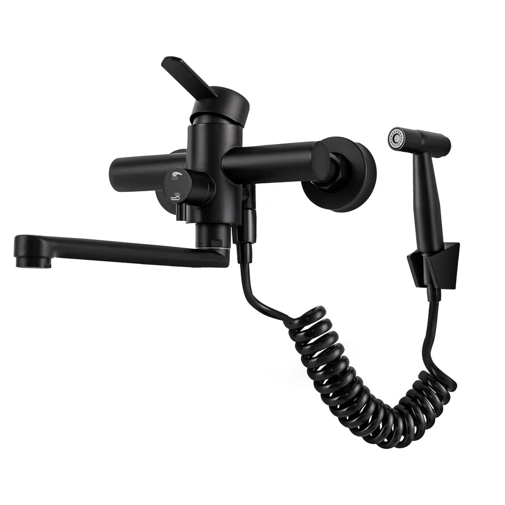 Brushed Stainless Steel 360° Swivel Wall-Mount Kitchen Faucet (Extendable Sprayer)
