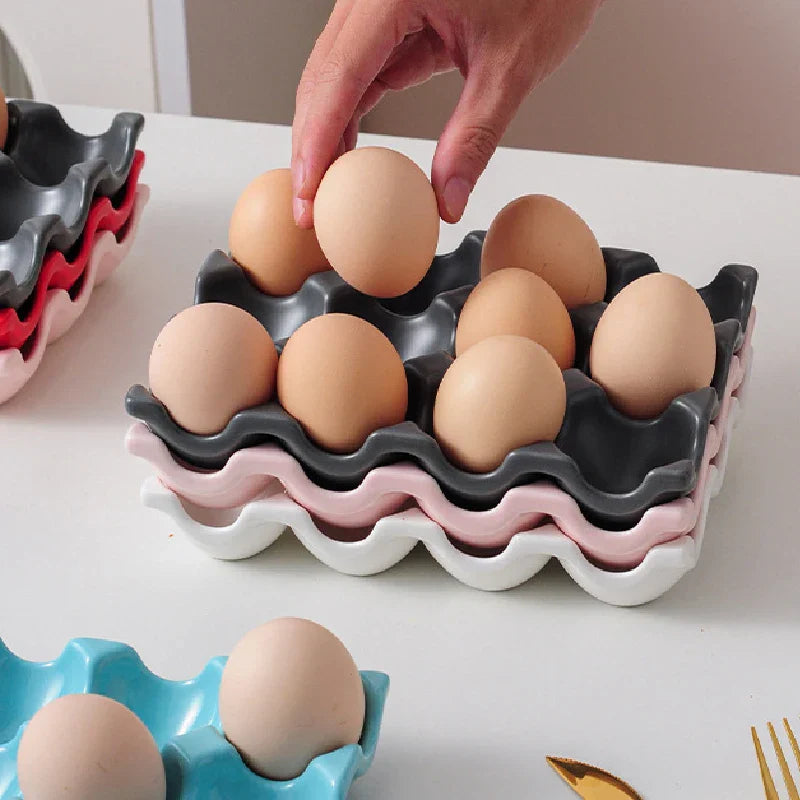Ceramic Non-Roll Refrigerator-Safe Egg Holder (6- or 12-Slot)