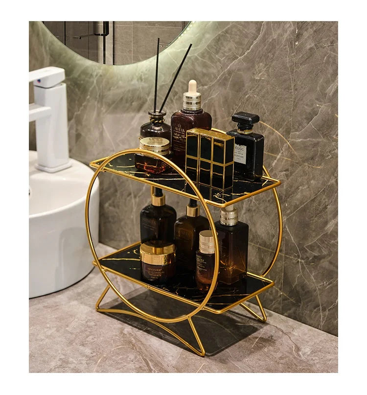Corrosion-Resistant Metal Two-Tier Vanity Organizer (Removable Marble-Style Ceramic Trays)