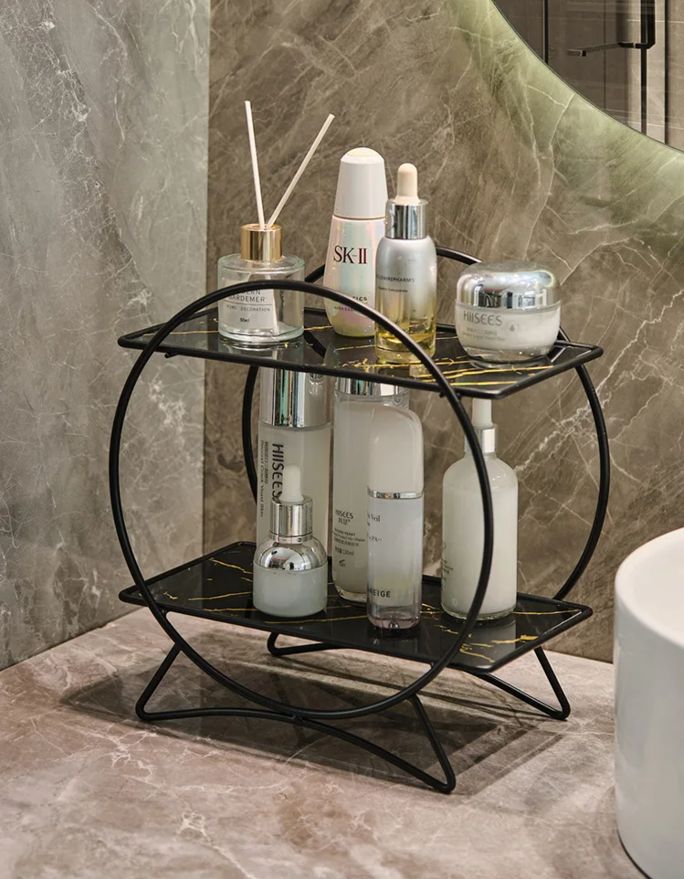 Corrosion-Resistant Metal Two-Tier Vanity Organizer (Removable Marble-Style Ceramic Trays)