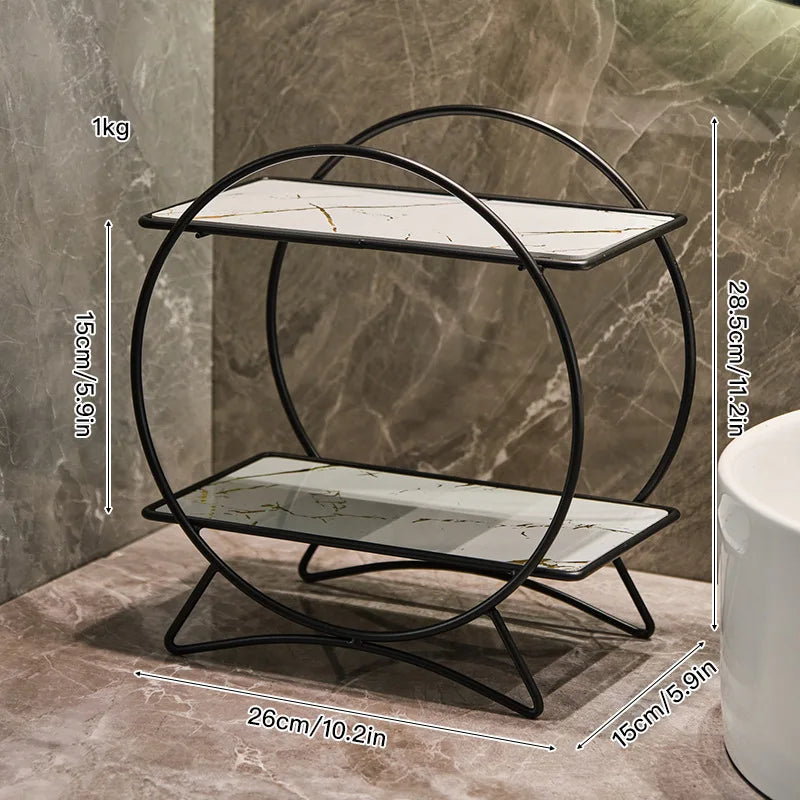 Corrosion-Resistant Metal Two-Tier Vanity Organizer (Removable Marble-Style Ceramic Trays)