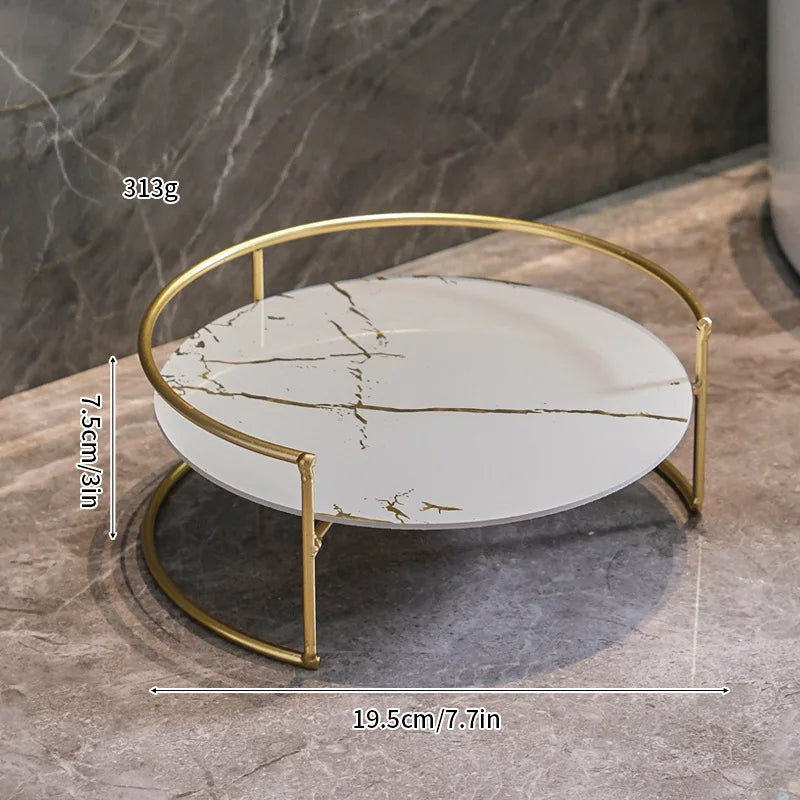 Corrosion-Resistant Metal Two-Tier Vanity Organizer (Removable Marble-Style Ceramic Trays)