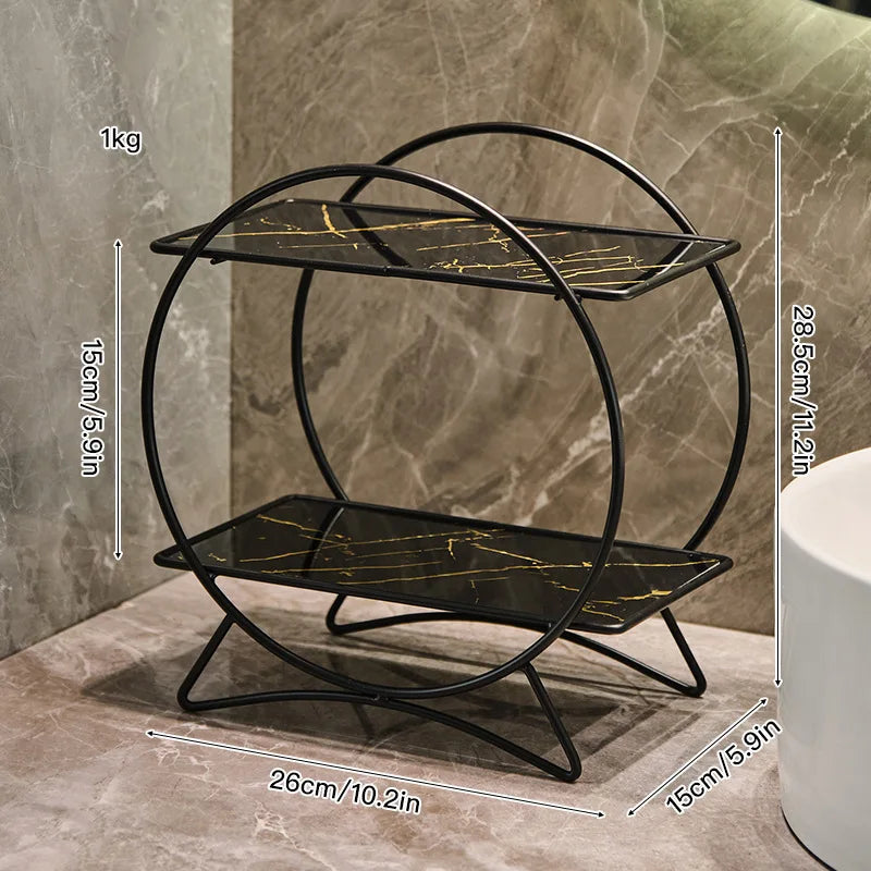 Corrosion-Resistant Metal Two-Tier Vanity Organizer (Removable Marble-Style Ceramic Trays)