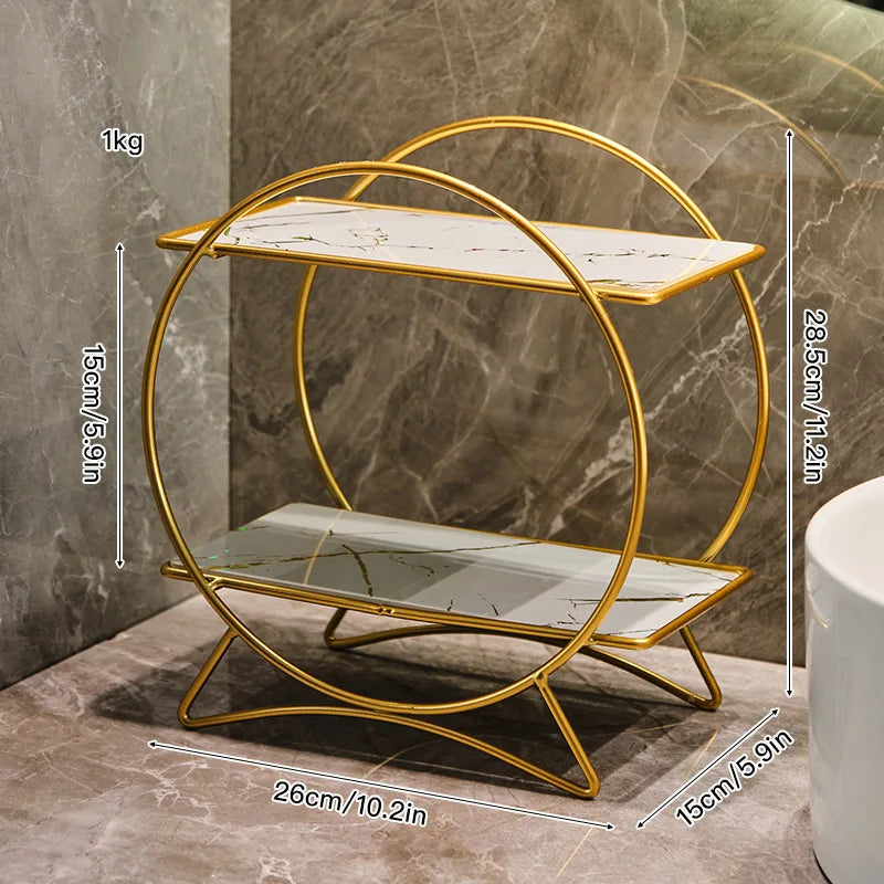 Corrosion-Resistant Metal Two-Tier Vanity Organizer (Removable Marble-Style Ceramic Trays)