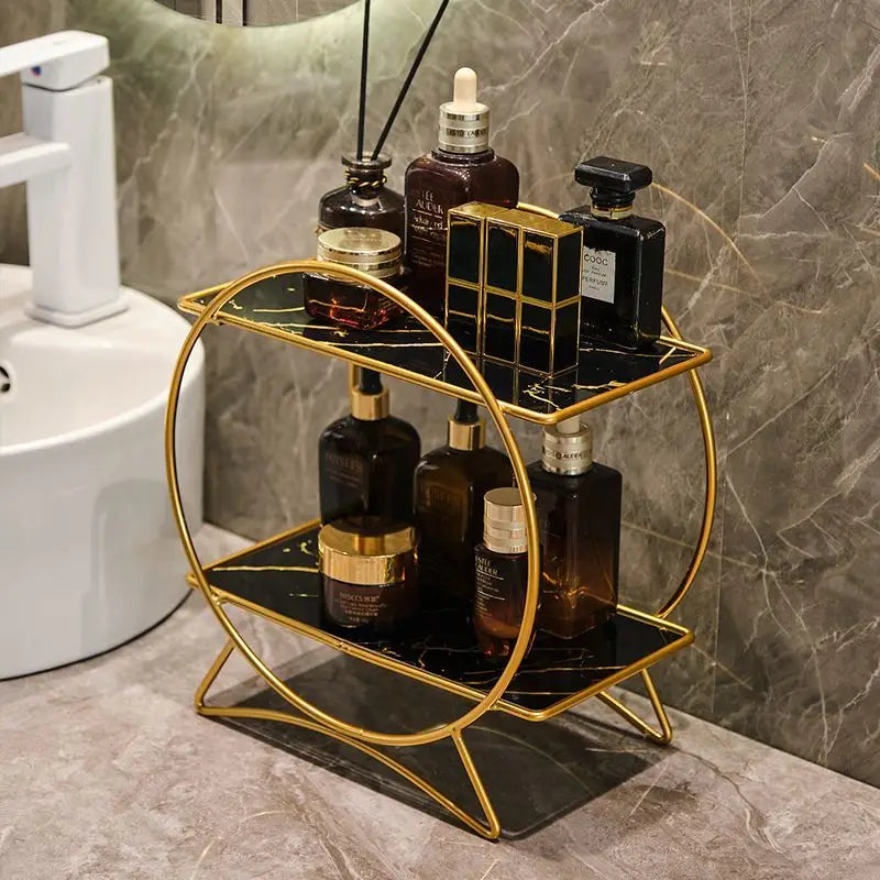 Corrosion-Resistant Metal Two-Tier Vanity Organizer (Removable Marble-Style Ceramic Trays)