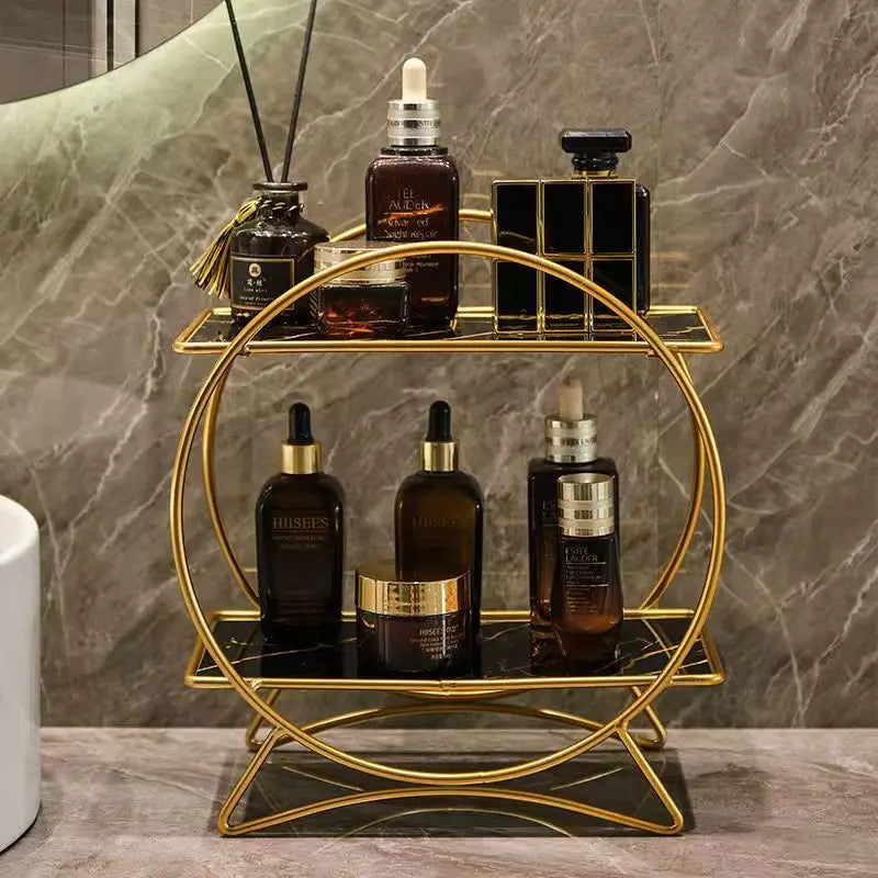 Corrosion-Resistant Metal Two-Tier Vanity Organizer (Removable Marble-Style Ceramic Trays)