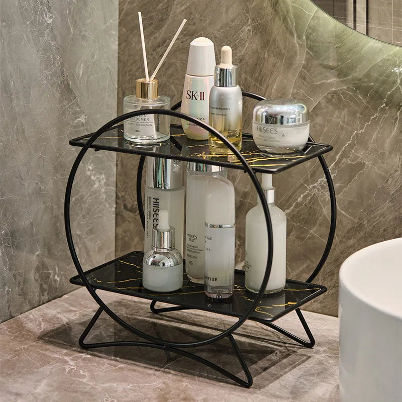 Corrosion-Resistant Metal Two-Tier Vanity Organizer (Removable Marble-Style Ceramic Trays)