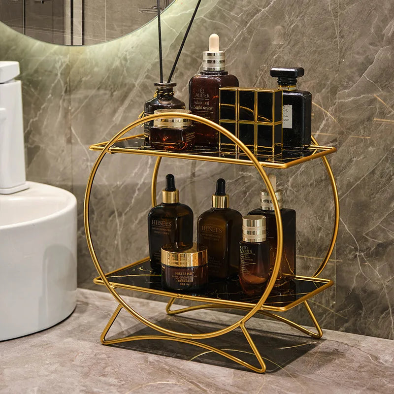 Corrosion-Resistant Metal Two-Tier Vanity Organizer (Removable Marble-Style Ceramic Trays)