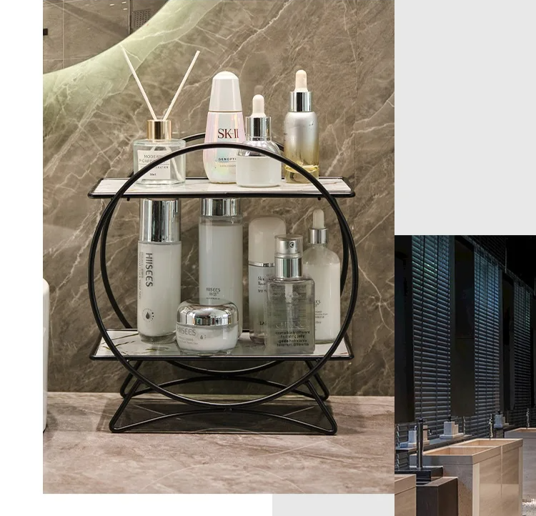 Corrosion-Resistant Metal Two-Tier Vanity Organizer (Removable Marble-Style Ceramic Trays)