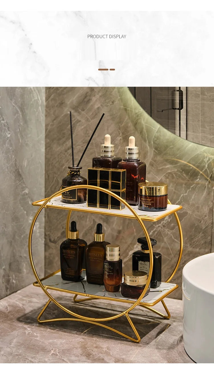 Corrosion-Resistant Metal Two-Tier Vanity Organizer (Removable Marble-Style Ceramic Trays)
