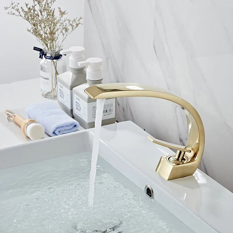 Curved Brass Single-Handle Bathroom Sink Faucet