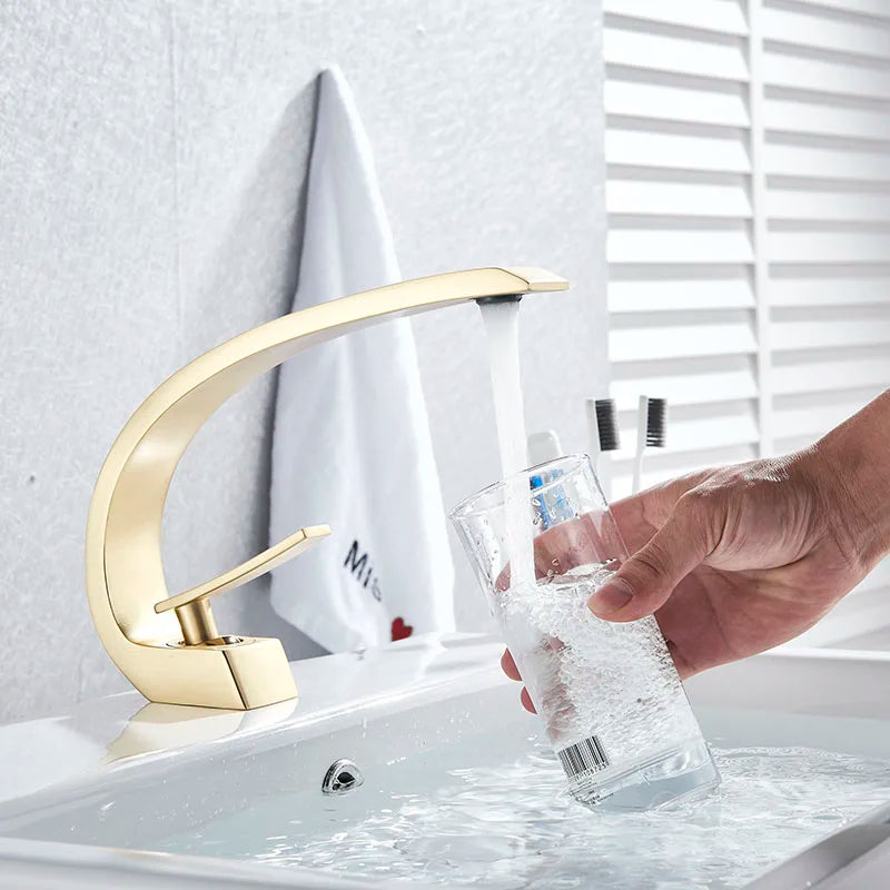 Curved Brass Single-Handle Bathroom Sink Faucet