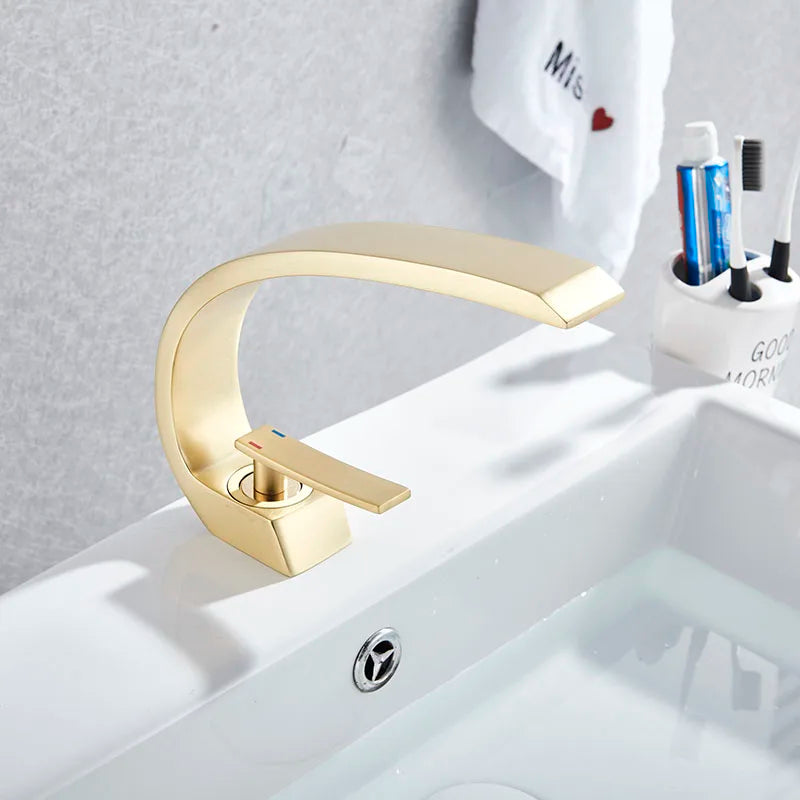Curved Brass Single-Handle Bathroom Sink Faucet