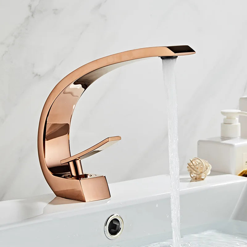 Curved Brass Single-Handle Bathroom Sink Faucet