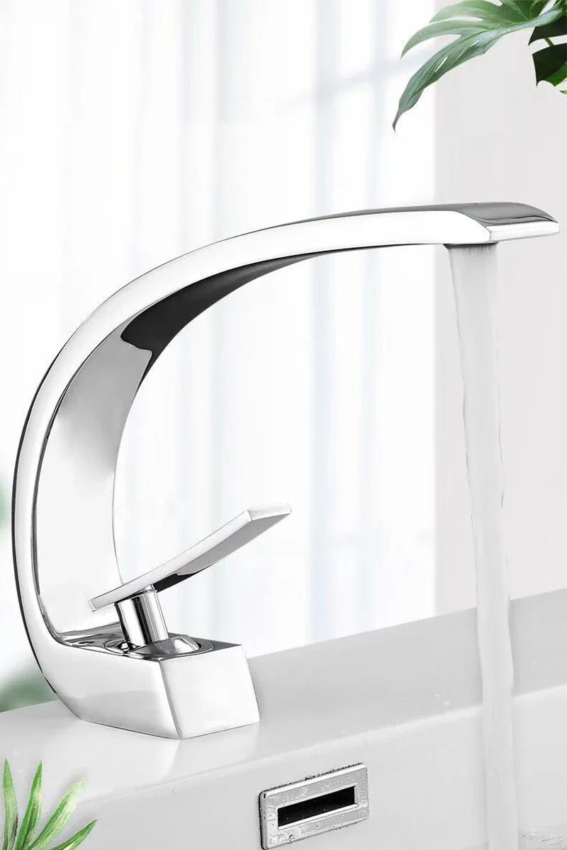 Curved Brass Single-Handle Bathroom Sink Faucet