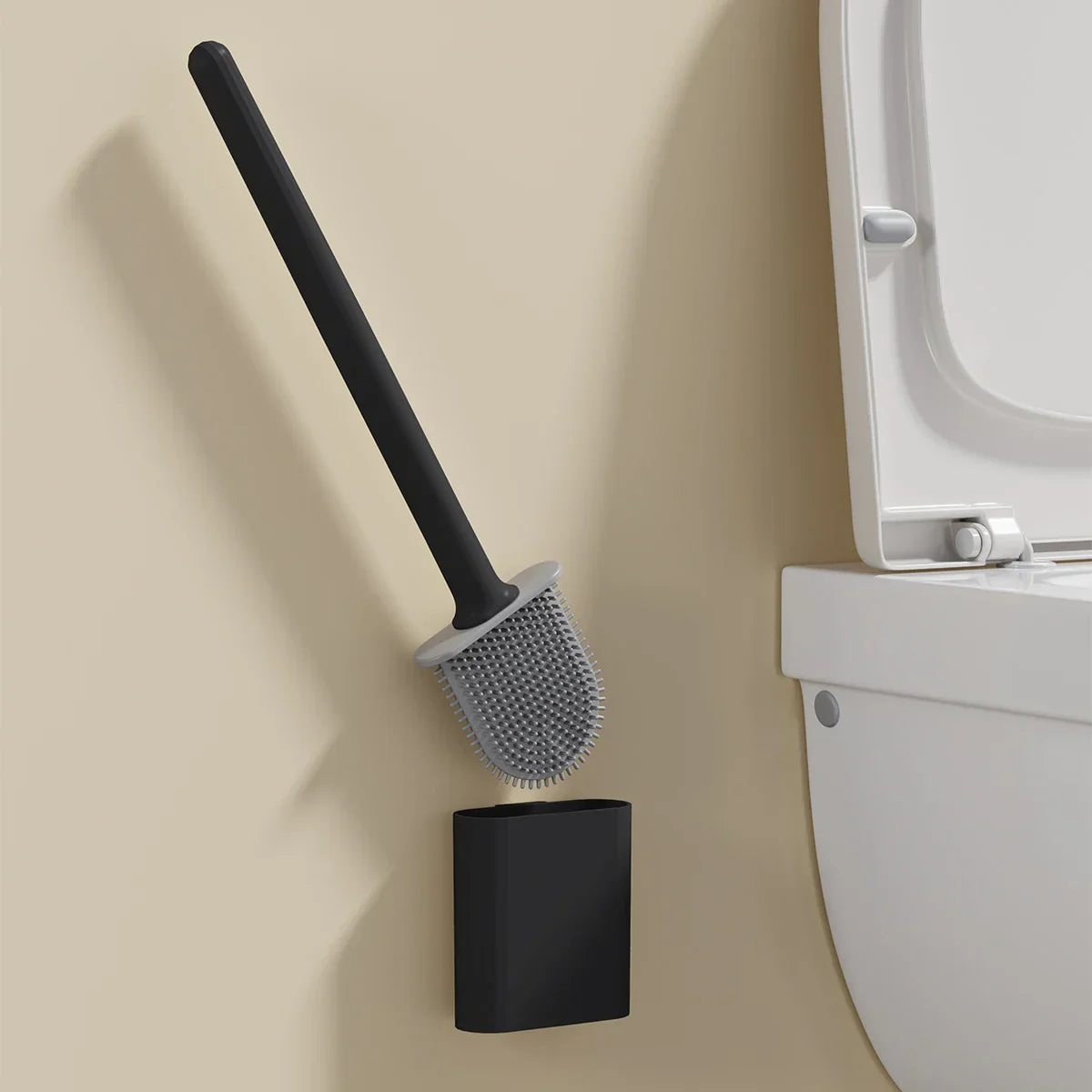 Dense Bristles & Ventilated Quick-Dry Holder Toilet Brush Set (Matte Black)