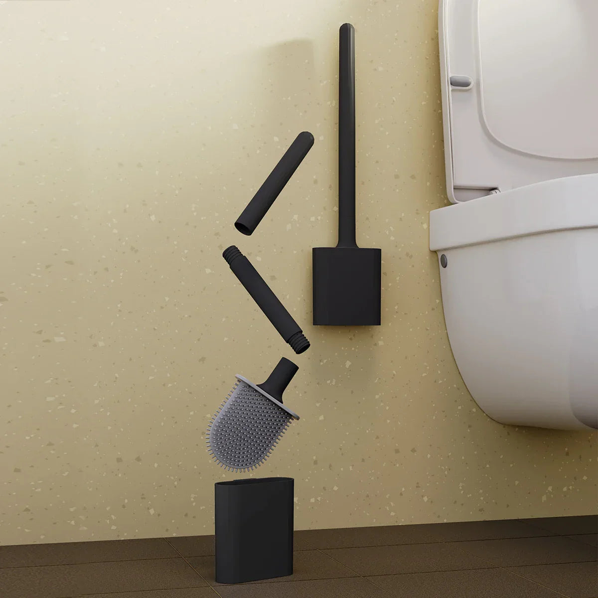 Dense Bristles & Ventilated Quick-Dry Holder Toilet Brush Set (Matte Black)