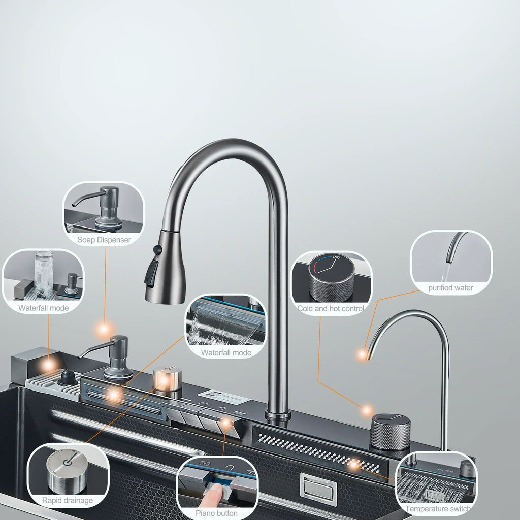 Digital Temperature Display 304 Stainless Kitchen Sink (Integrated Soap Dispenser)