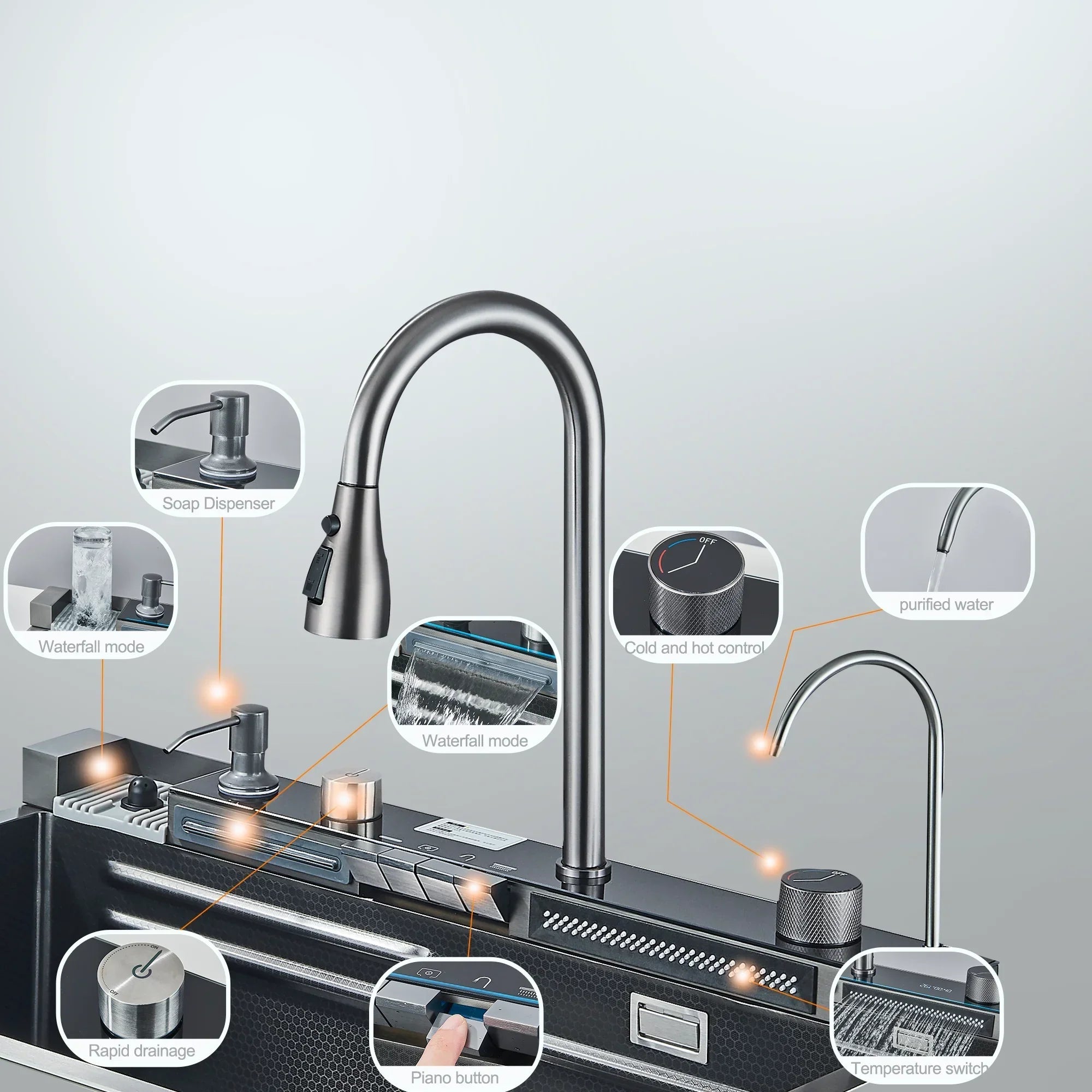 Digital Temperature Display 304 Stainless Kitchen Sink (Integrated Soap Dispenser)