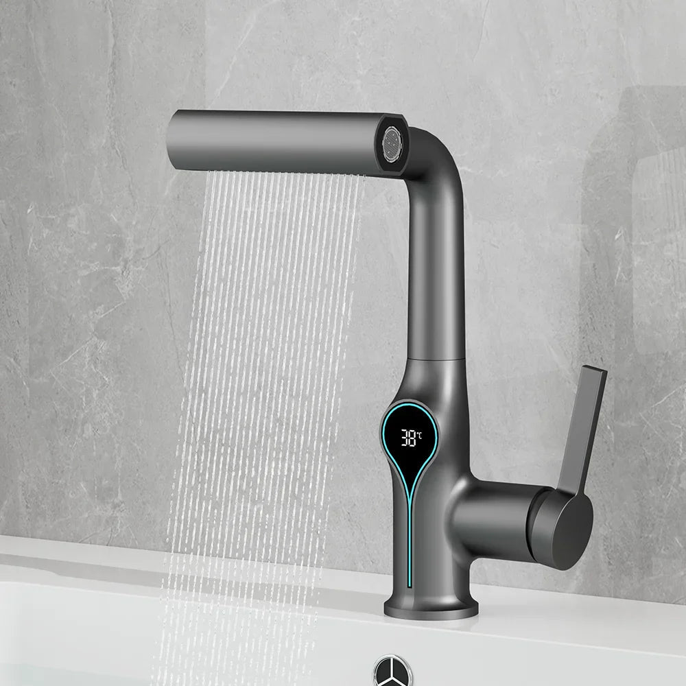Digital Temperature Display Waterfall Bathroom Sink Faucet (Up/Down Adjustable)