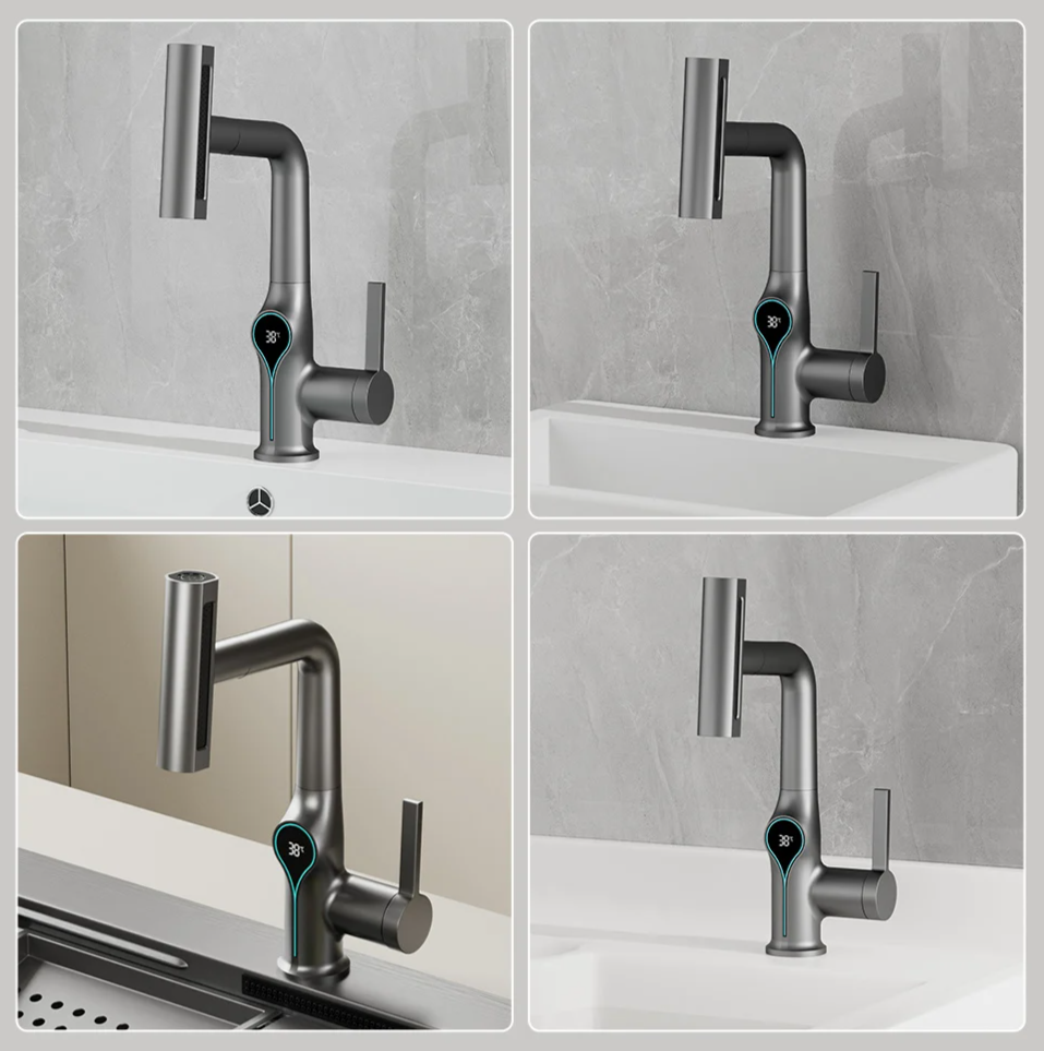 Digital Temperature Display Waterfall Bathroom Sink Faucet (Up/Down Adjustable)
