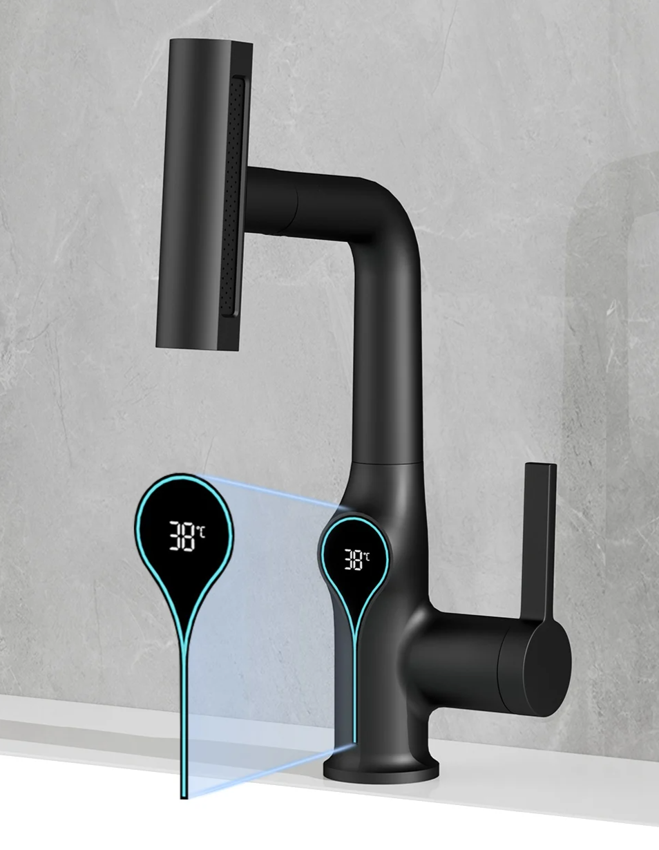 Digital Temperature Display Waterfall Bathroom Sink Faucet (Up/Down Adjustable)