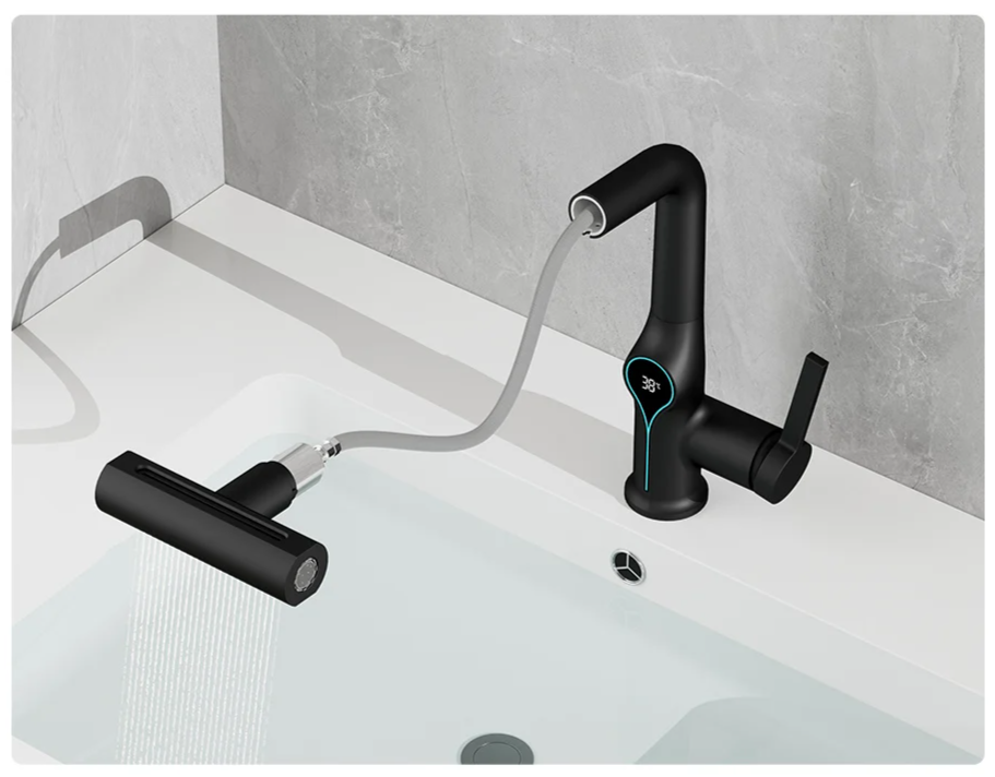 Digital Temperature Display Waterfall Bathroom Sink Faucet (Up/Down Adjustable)