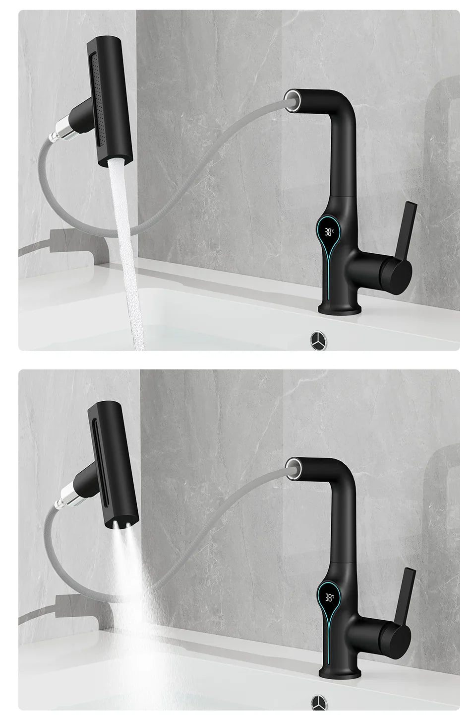 Digital Temperature Display Waterfall Bathroom Sink Faucet (Up/Down Adjustable)