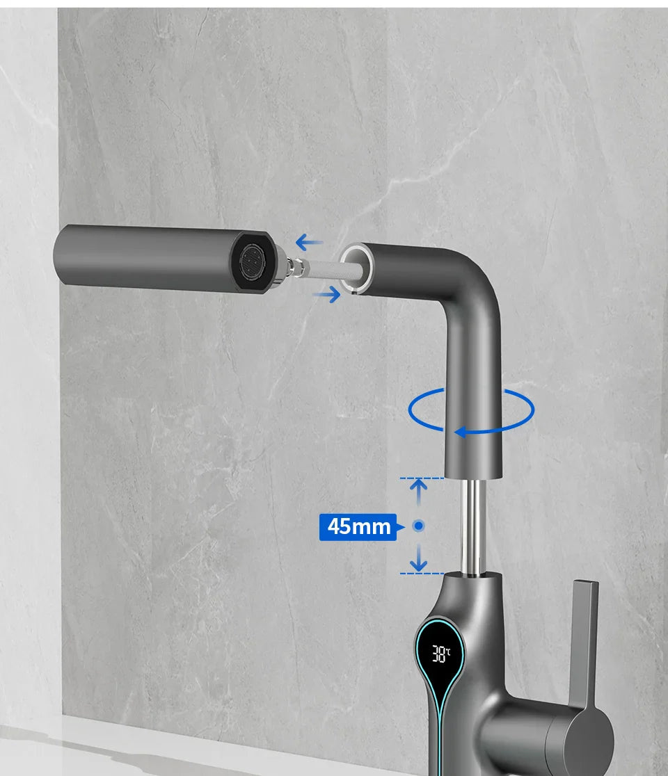 Digital Temperature Display Waterfall Bathroom Sink Faucet (Up/Down Adjustable)
