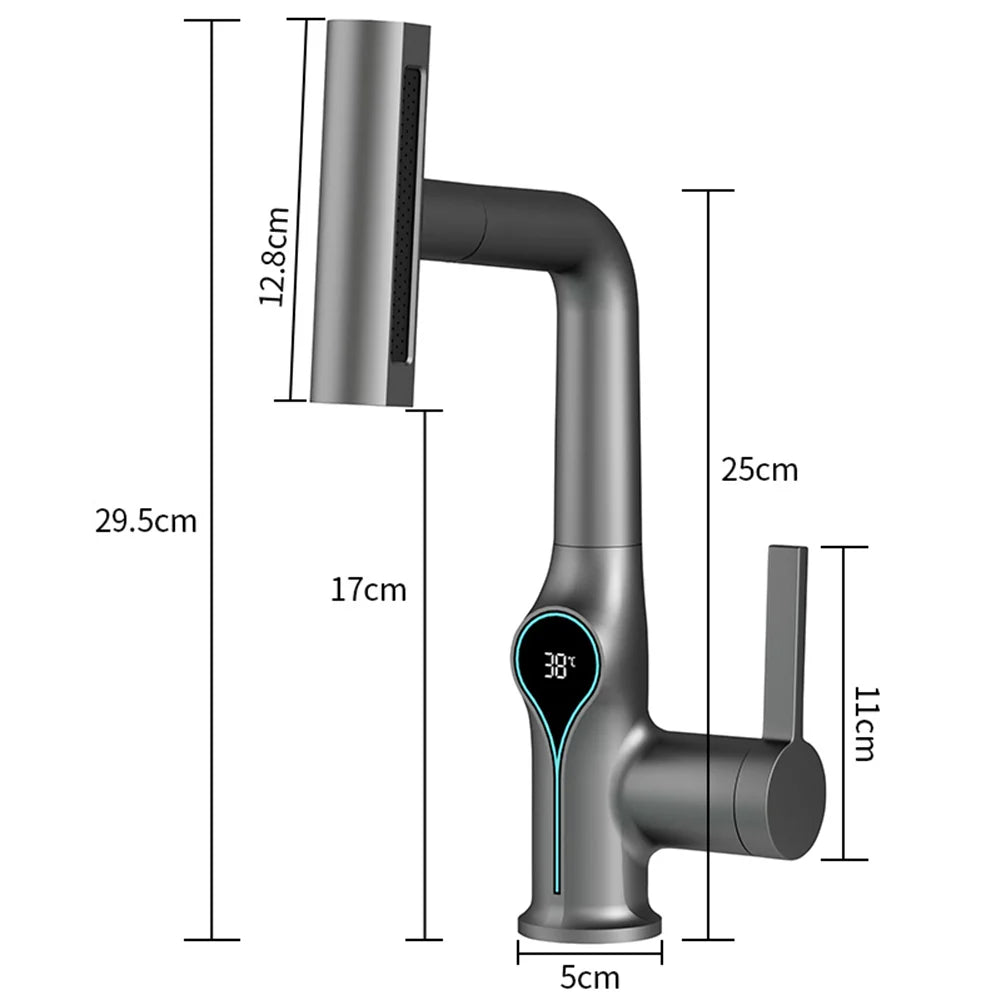Digital Temperature Display Waterfall Bathroom Sink Faucet (Up/Down Adjustable)